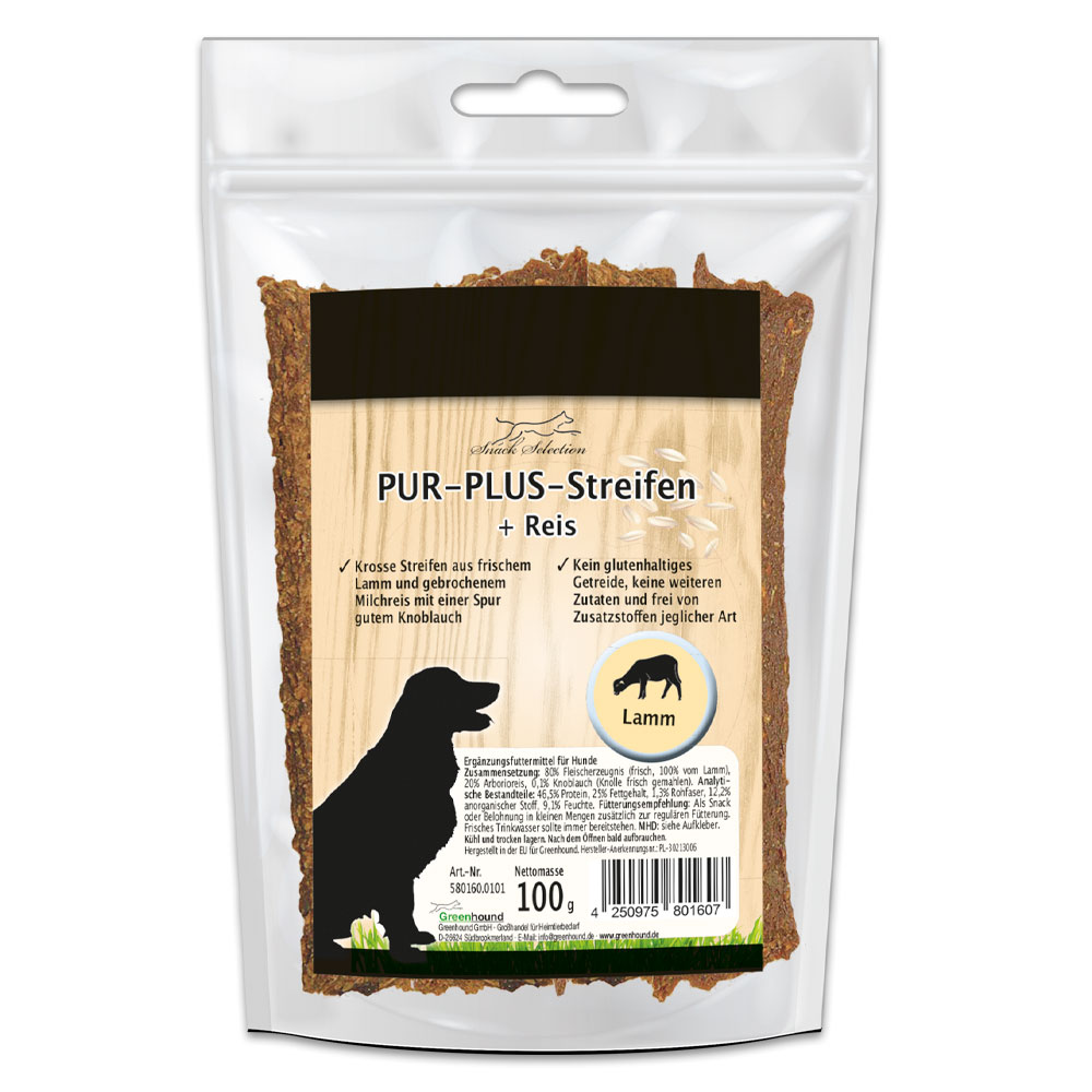 PUR-PLUS-Streifen Lamm + Reis, 12 x 100g