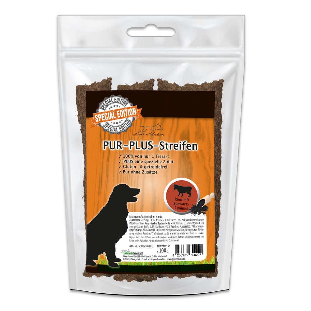 PUR-PLUS-Streifen Rind & Schwarzkümmel, 12 x 100g